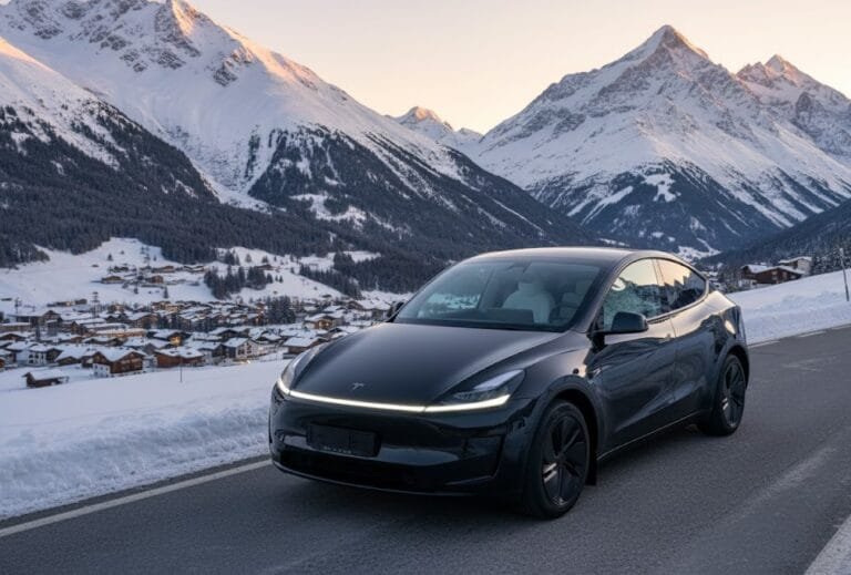 Tesla in Alps Ski Season Switzerland