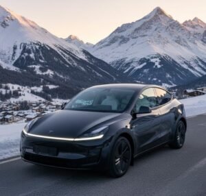 Tesla in Alps Ski Season Switzerland