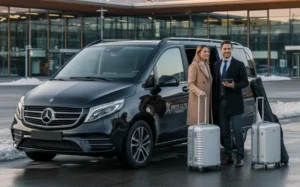 Chauffeur greeting passengers at Zurich Airport for a luxury private ski transfer to Zermatt and St. Moritz.