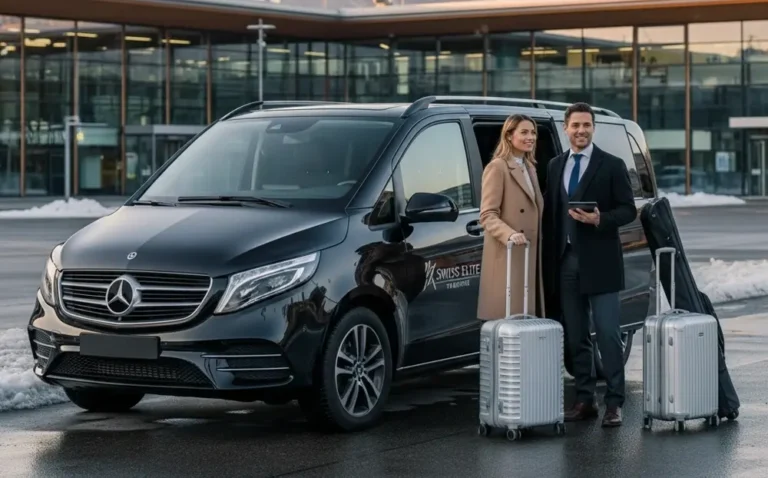 Chauffeur greeting passengers at Zurich Airport for a luxury private ski transfer to Zermatt and St. Moritz.