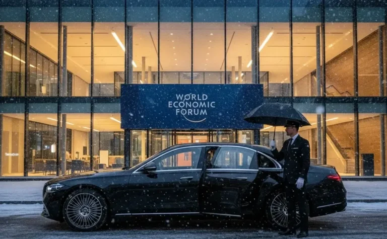 Swiss Elite Transfers Mercedes-Benz S-Class parked in front of the Davos Congress Centre World Economic Forum
