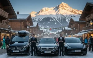 Luxury ski transfer van parked in a snowy Swiss village," "Tesla Model Y near me for ski resort transport," "Professional chauffeur waiting at Zurich airport."