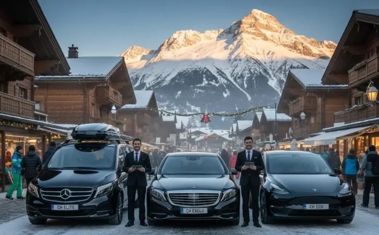 Luxury ski transfer van parked in a snowy Swiss village," "Tesla Model Y near me for ski resort transport," "Professional chauffeur waiting at Zurich airport."