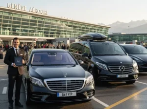 Luxury Mercedes S-Class limousine parked at Geneva Airport," "Professional chauffeur greeting guests at GVA," "Eco-friendly Tesla Model Y transfer service Switzerland."