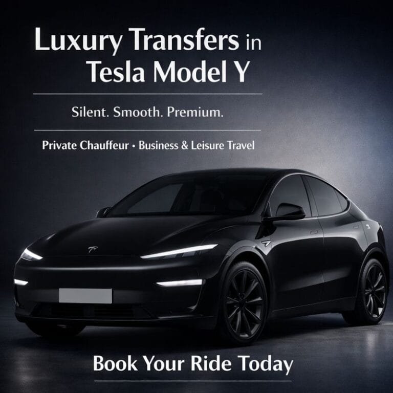 Luxury ski transfers Switzerland 2026 Tesla Model Y airport transfer Geneva Zurich to St. Moritz private car Sustainable alpine travel Eco-friendly transfers Swiss Alps Private car from Basel to Engelberg