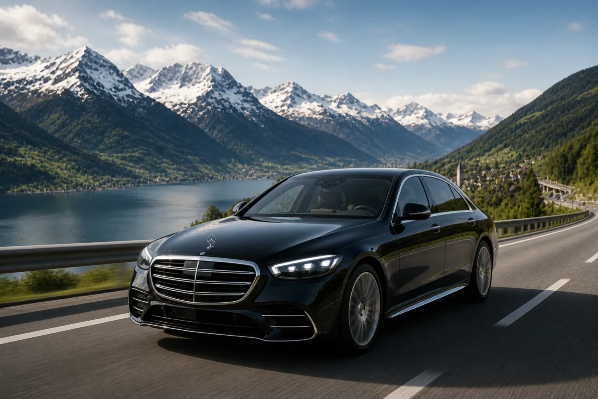 Luxury long distance transfer in Switzerland with Mercedes S Class on scenic alpine highway