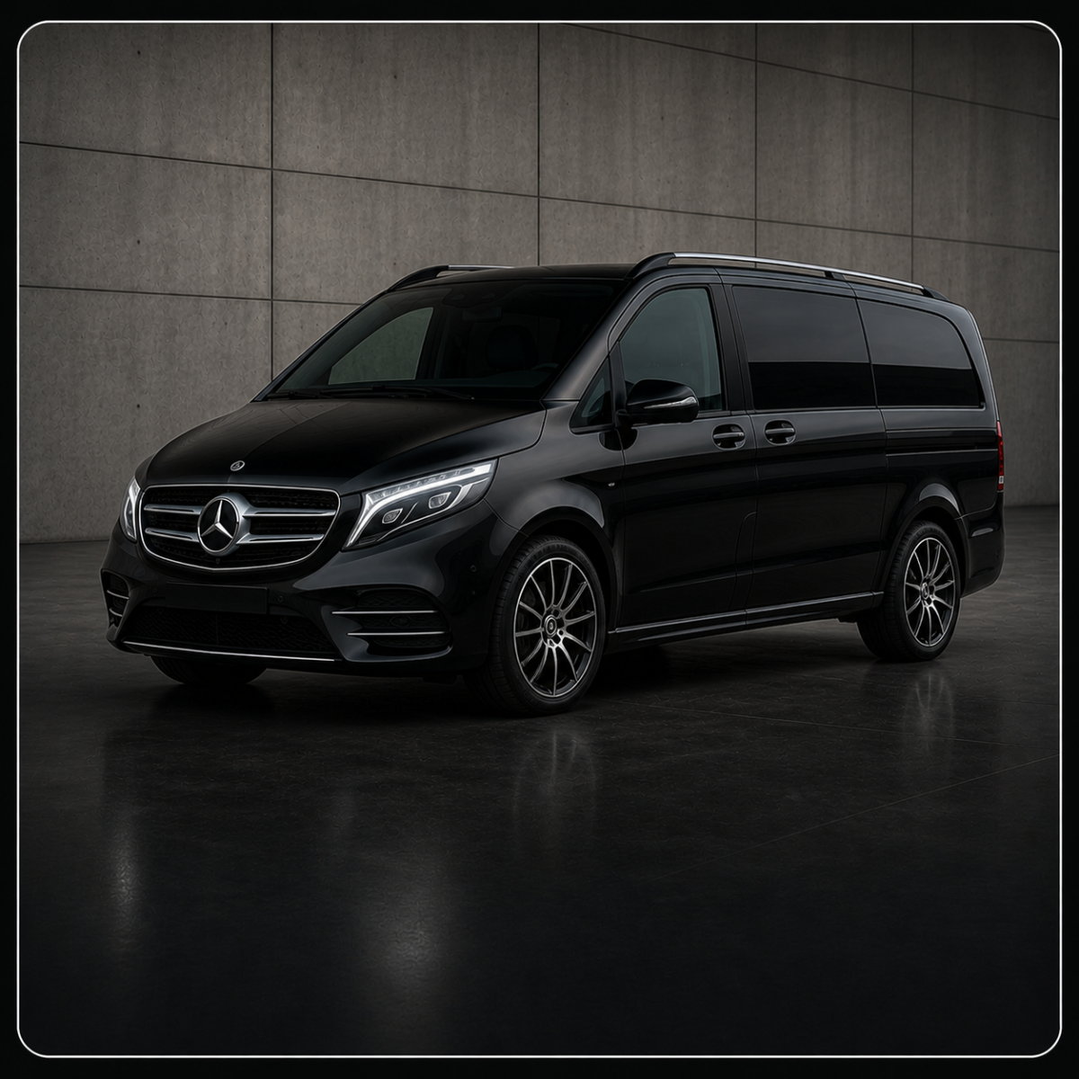 Black Mercedes-Benz V-Class luxury van for group and ski resort transfers in Switzerland, seats up to 7 passengers