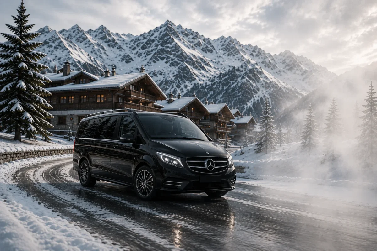 Mercedes V Class chauffeur service in Switzerland winter mountain transfer
